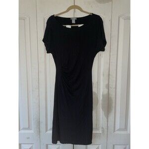 Neiman Marcus Black Ruched Jersey Knit Sheath Dress Size M Short Sleeve Stretch